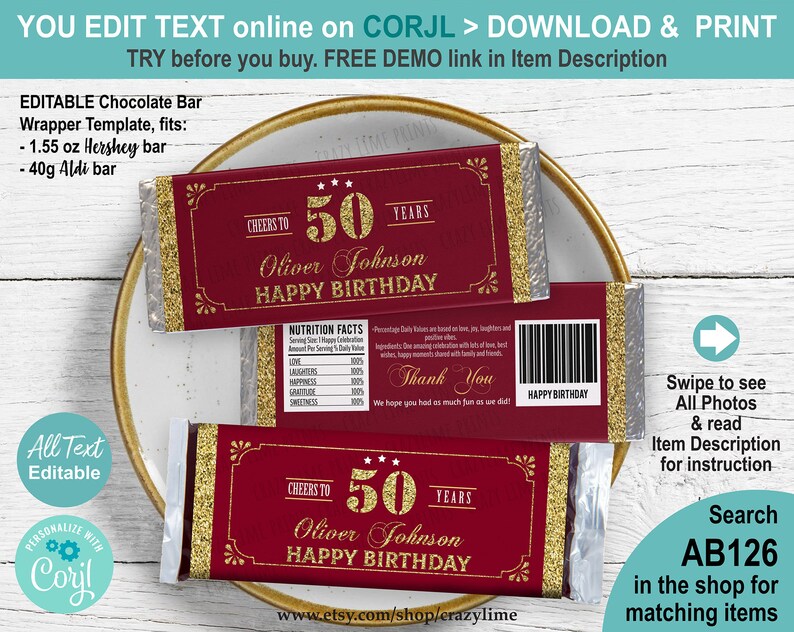 EDITABLE 50th Birthday Chocolate Candy Bar Wrapper - Etsy
