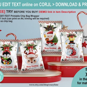 May include: Printable Christmas chip bag wrappers featuring festive designs with a penguin, reindeer, Santa, and snowman. Each wrapper has a watercolor illustration inside a snow globe, with the text "Merry Christmas." The wrappers are 8.5x11 inches and fit 1 oz chip bags.