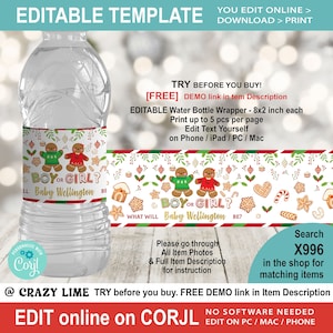 Può includere: Una bottiglia d'acqua con un involucro decorativo. L'involucro presenta omini di pan di zenzero, bastoncini di zucchero e la scritta "Boy or Girl?". L'involucro è progettato per un baby shower e misura 20,3 x 5,1 cm.