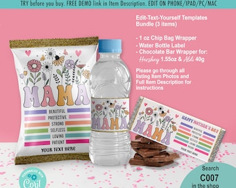 EDITABLE Happy Mother's Day Party Favors Bundle Set of 3 Templates. Printable Chip Bag Chocolate Candy Bar Water Treat Snack Label C007