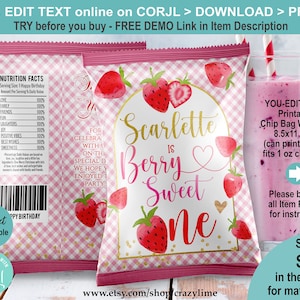 EDITABLE Strawberry Berry Sweet One 1st Birthday Party Chip Bag Wrapper Template. Personalised Name Favors Crisp Treat Label Printable S017