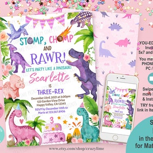 Girl Dinosaur Birthday Invitation. Cute Dino Little Girl Three-rex 3rd birthday Party Invite. Jurassic T-rex Editable Digital Download K017