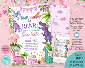 Girl Dinosaur Birthday Invitation. Cute Dino Little Girl Three-rex 3rd birthday Party Invite. Jurassic T-rex Editable Digital Download K017