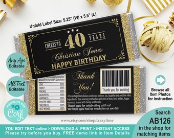 EDITABLE 40th Birthday Chocolate Candy Bar Wrapper 1.55 oz Modèle personnalisé. Man Adult Birthday Party Favor Label. AB126 imprimable