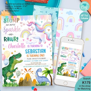 May include: A colorful invitation template with a unicorn, rainbow, and dinosaurs. The text reads "Stomp on over Sparkle and Rawr!" with the names Charlotte and Sebastian, and event details. A smartphone displays the invitation design.