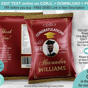 EDITABLE Class of 2025 Graduation Chip Bag Wrapper with Photo. Burgundy Red & Gold Personalised Name Printable Crisp Snack Treat Label G126