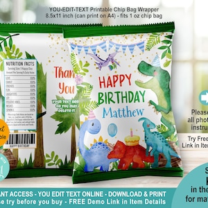 EDITABLE Dinosaur Birthday Chip Bag Wrapper Template. Cute Dino T-rex Boy Party Favor. Personalised Name Party Treat Package Download K133
