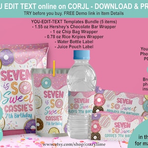 EDITABLE Donut Sweet 7th Birthday Party Favors Bundle of 5 Templates. Printable Pink Girl Party Treat. Personalised Chip Bag Chocolate 2039