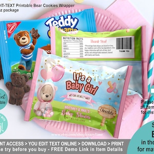 EDITABLE Girl Bear Baby Shower Teddy Cookies Wrapper Template. Personalised We Can Bearly Wait Pink Party Favors Treat. Printable Corjl B005