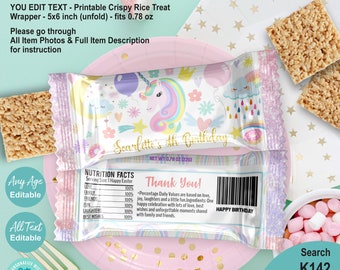 EDITABLE Pastel Unicorn Birthday Party Rice Snack Krispies Wrapper Template. Personalised Name Age Printable Crispy Treat Goody Favors K142