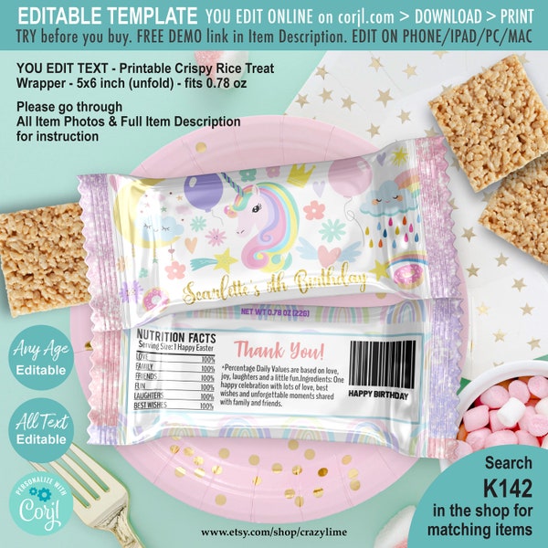 EDITABLE Pastel Unicorn Birthday Party Rice Snack Krispies Wrapper Template. Personalised Name Age Printable Crispy Treat Goody Favors K142