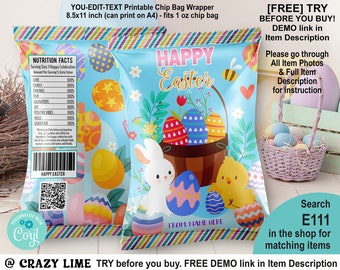 EDITABLE Happy Easter Chip Bag Template. Bunny Chick Easter Egg Hunt Party Favors. Personalised Text Name Candy Treat School Class Gift E111