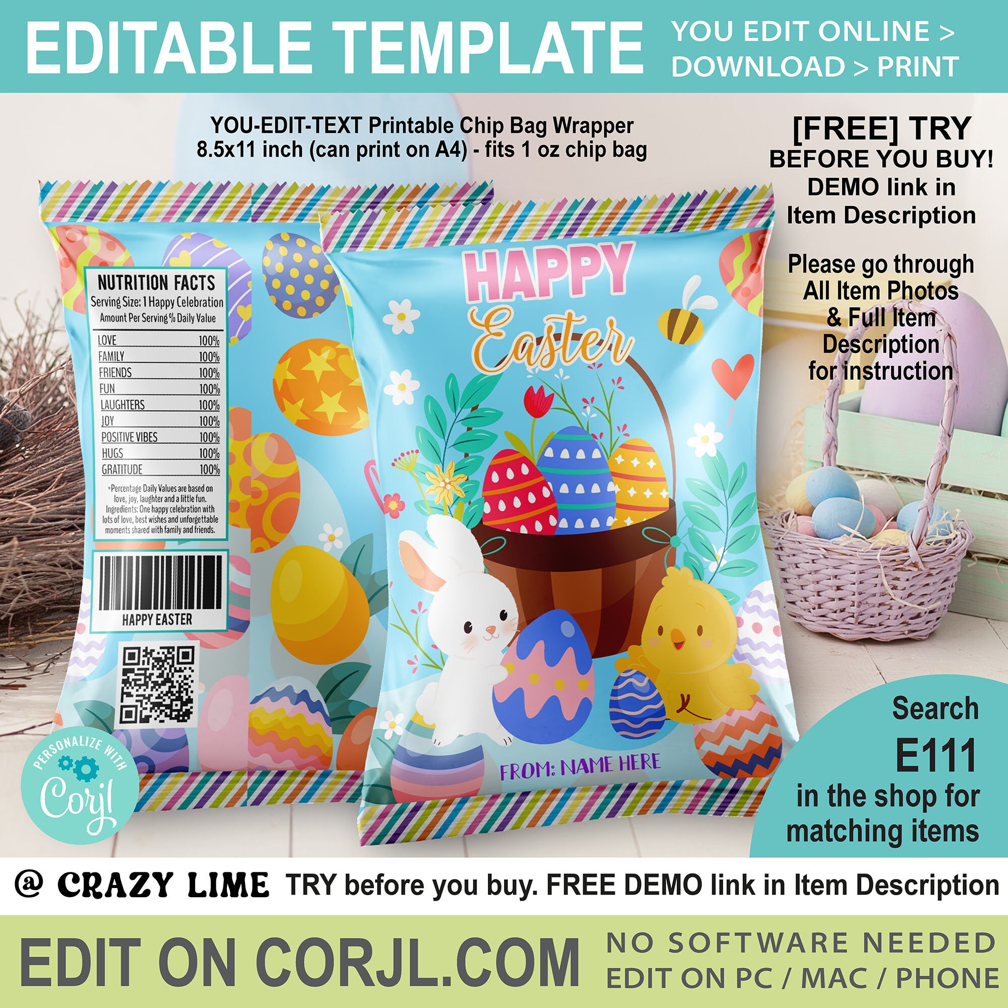 EDITABLE Happy Easter Chip Bag Template. Bunny Chick Easter Egg Hunt Party Favors. Personalised Text Name Candy Treat School Class Gift E111