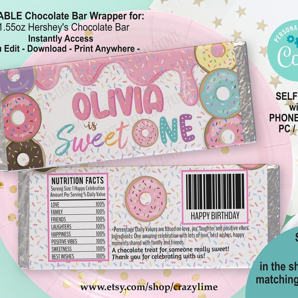 EDITABLE Donut Sweet One Birthday Chocolate Candy Bar Wrapper Personalised Template. 1.55 oz Treat Party Favor. Girl 1st Birthday. 2039