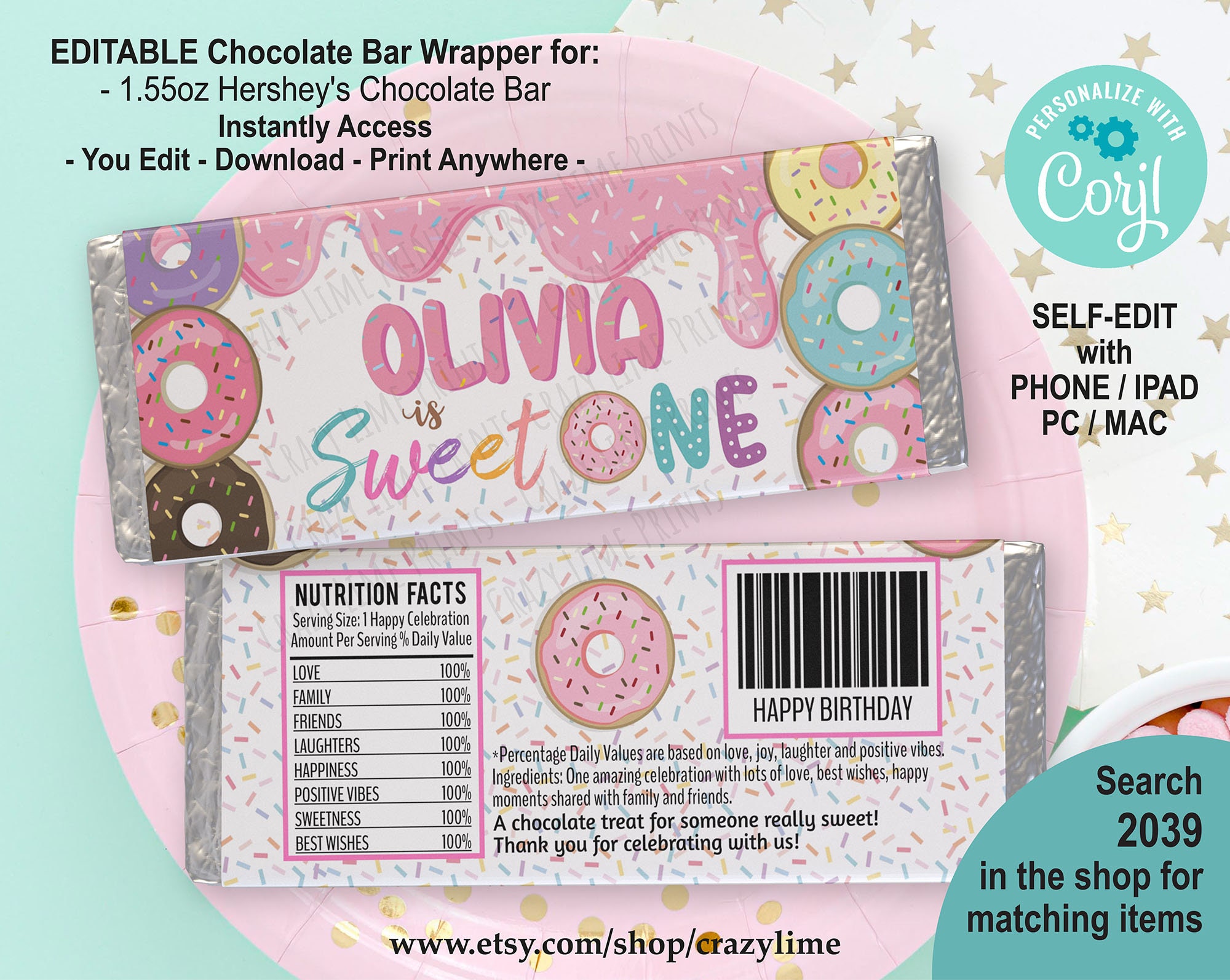 EDITABLE Donut Sweet One Birthday Chocolate Candy Bar Wrapper ...