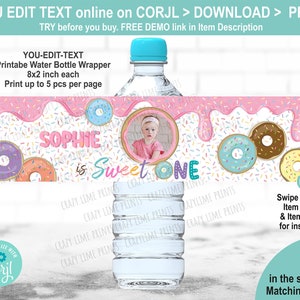 EDITABLE Donut Sweet One 1st Birthday Water Bottle Label Template. Printable Pink Baby Girl Bday Party Favor. Personalised Table Decor 2039