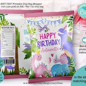 EDITABLE Dinosaur Girl Birthday Chip Bag Wrapper Template. Pink Dino T-rex Party Favor. Personalised Name Party Treat Package Download K012