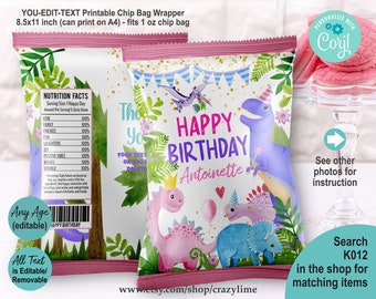 EDITABLE Dinosaur Girl Birthday Chip Bag Wrapper Template. Pink Dino T-rex Party Favor. Personalised Name Party Treat Package Download K012