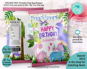May include: Printable chip bag wrapper with a pink, green, and blue dinosaur theme. The wrapper features the text "Happy Birthday Antoinette" and a nutrition facts label. The wrapper is 8.5 x 11 inches and fits a 1 ounce chip bag.