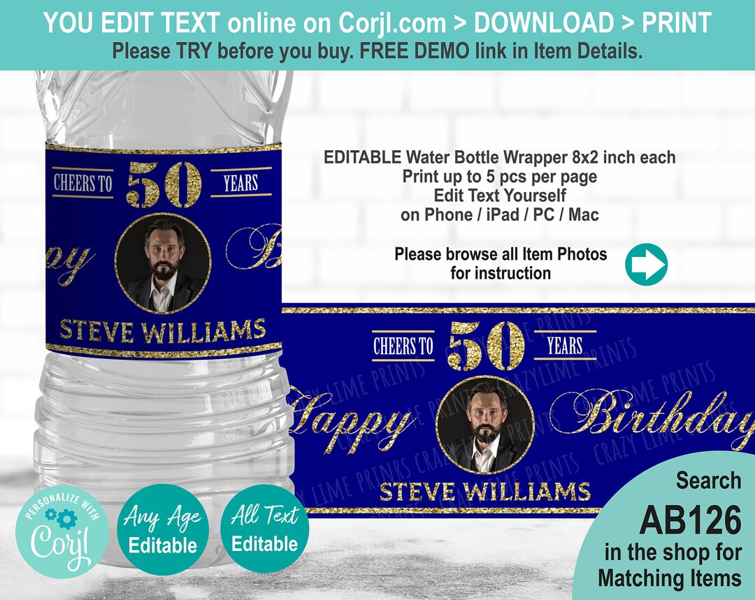 EDITABLE 50th Birthday Water Bottle Label Template. Printable Blue Gold ...