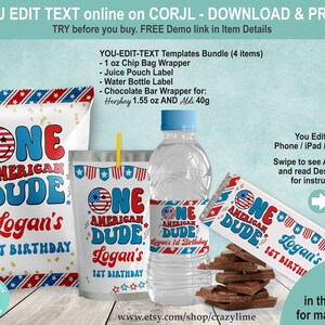 EDITABLE 4th of July 1st Boy Birthday Bundle Set of 5 Templates. One American Guy Printable Chip Bag Candy Bar Juice Treat Gift Label J001
