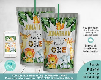EDITABLE Wild one jungle zoo safari juice bag label. Forest animals Kid juice pouch sticker. Instant download Edit with Corjl JPG PDF KB249