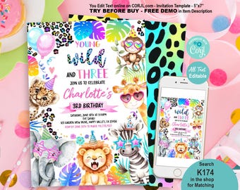 EDITABLE Young Wild And Three Safari Animals 3rd Birthday Party Invitation Template. Pink Girl Party Invite DIY Download. Neon Zoo K174