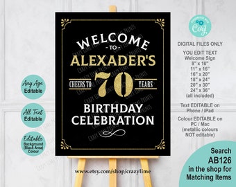 Cheers To 70 Years 70th Birthday Party Welcome Sign Editable Template. Classic Black & Gold Printable Digital File Centerpiece Decor AB126