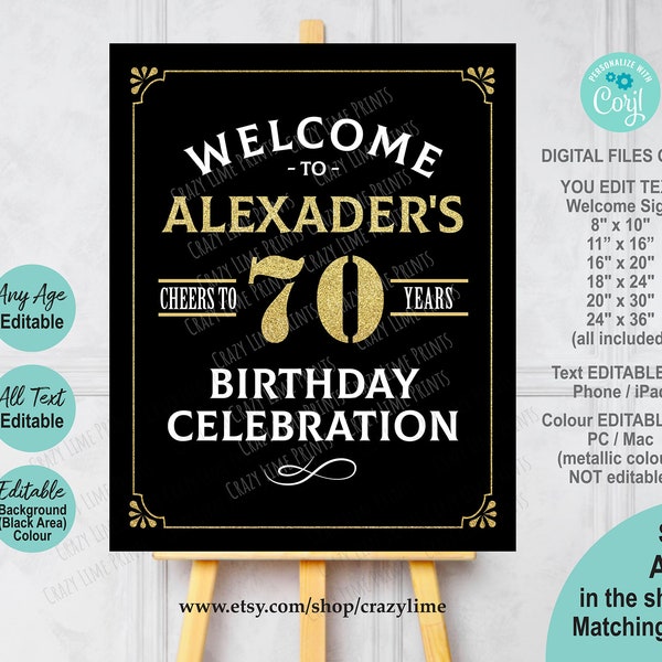 Cheers To 70 Years 70th Birthday Party Welcome Sign Editable Template. Classic Black & Gold Printable Digital File Centerpiece Decor AB126