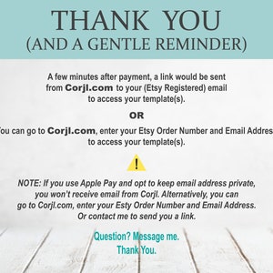 Peut inclure: Un message de rappel avec des instructions sur la fa&ccedil;on d'acc&eacute;der &agrave; un mod&egrave;le num&eacute;rique apr&egrave;s l'achat. Il mentionne l'utilisation de Corjl.com et la saisie de votre num&eacute;ro de commande Etsy et de votre adresse e-mail. Il note &eacute;galement que si vous utilisez Apple Pay et choisissez de garder votre adresse e-mail priv&eacute;e, vous ne recevrez pas d'e-mail de Corjl.com.