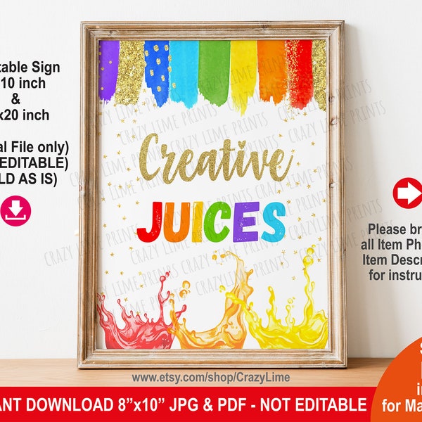 Art Party Juice Table Sign. Painting Craft Art Jamming Birthday Party Decoration. Rainbow Creative Juices Decor. Instant Download File K035