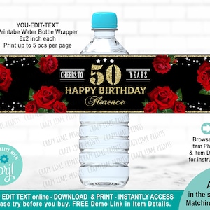 EDITABLE Red Rose Gold Black Woman 50th Birthday Water Bottle Label Template. Printable Party Favor Decor. Personalised Name & Age. AB226