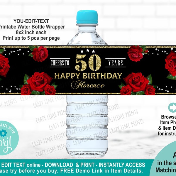 EDITABLE Red Rose Gold Black Woman 50th Birthday Water Bottle Label Template. Printable Party Favor Decor. Personalised Name & Age. AB226