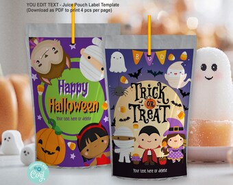 EDITABLE Halloween Costume Party Juice Pouch Label Set of 2. Kid Trick or Treat Bag Sticker. Customised name text. Printable Template HA923