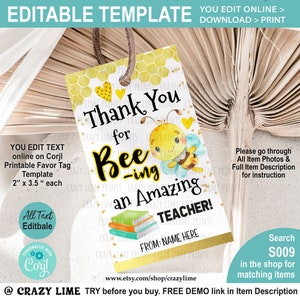 EDITABLE Honey Bee School Teacher Appreciation Gift Tag. Rectangular Thank You Label. Printable Personalised Name Text File Template S009