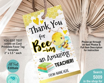 EDITABLE Honey Bee School Teacher Appreciation Gift Tag. Rectangular Thank You Label. Printable Personalised Name Text File Template S009