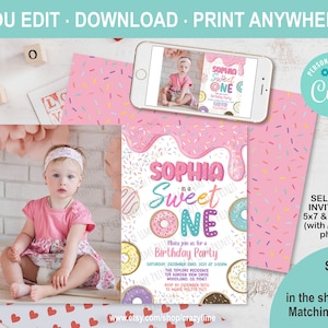 Editable Donut Sweet One Girl Birthday Photo Invitation. 1st Birthday Invite Template. Pink Rainbow Sprinkle Printable Digital File. 2039