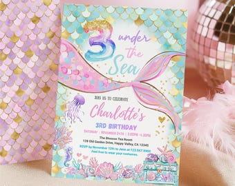 Mermaid Under the Sea 3rd Birthday Invitation | Pastel Pink Purple & Gold | Three Under Sea (Digital Download) CS064