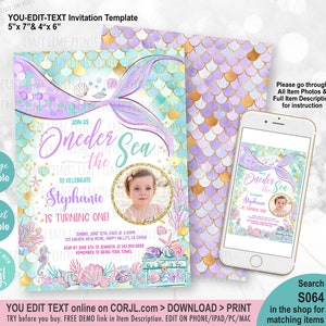 Editable Oneder the Sea Mermaid Purple Teal First 1st Mermaid Birthday Invitation. Little Mermaid Invite Printable Template Download S064