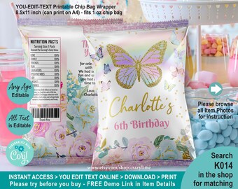 EDITABLE Butterfly Birthday Chip Bag Template. Personalised (Any Age) Pastel Crisp Party Favors Treat Bag. Printable Packaging. Corjl K014