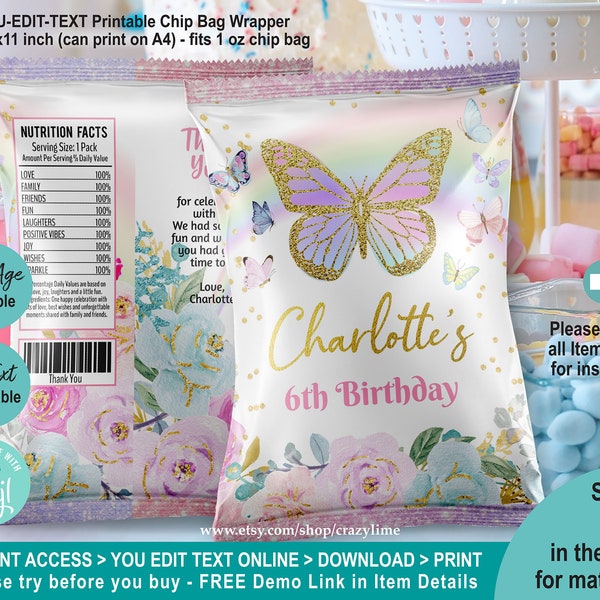 EDITABLE Butterfly Birthday Chip Bag Template. Personalised (Any Age) Pastel Crisp Party Favors Treat Bag. Printable Packaging. Corjl K014