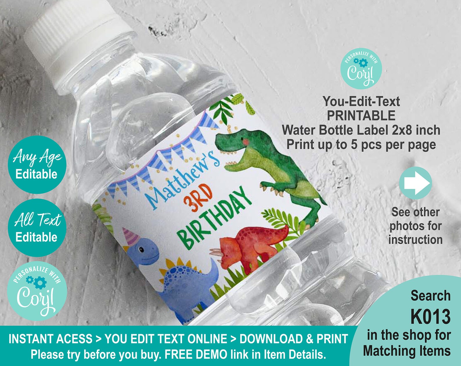EDITABLE Dinosaur Water Bottle Label Template. Printable - Etsy