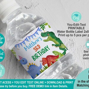 EDITABLE Dinosaur Water Bottle Label Template. Printable - Etsy