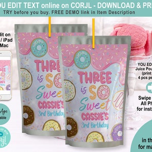 EDITABLE Donut Three is So Sweet 3rd Birthday Juice Pouch Label. Personalised Printable Template. Party Favors Treat Goody Table Gift 2039