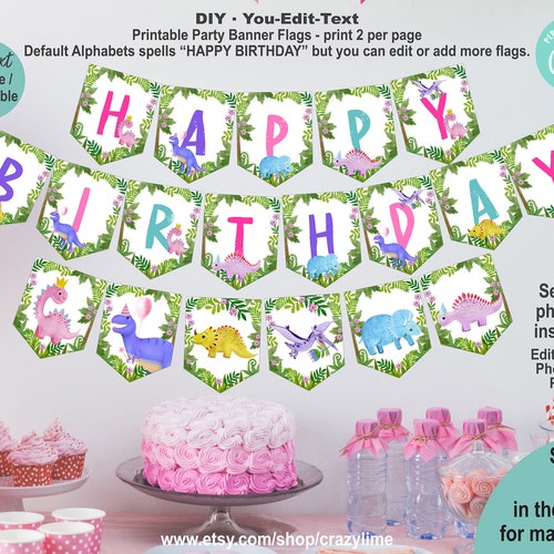 Girl Dinosaur Happy Birthday Banner Printable Dinosaur - Etsy