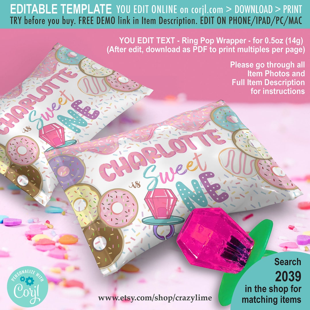 EDITABLE Donut Sweet One Ring Candy Label Template. Pastel Girl 1st ...