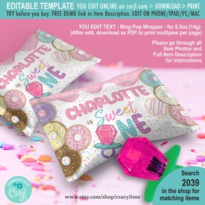 May include: Two white ring pop wrappers with a donut design and the text "CHARLOTTE is Sweet ONE". A large pink ring pop is in the foreground. The wrappers are decorated with donuts and sprinkles. Text on the image includes "EDITABLE TEMPLATE" and "Search 2039".