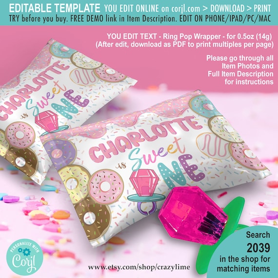 EDITABLE Donut Sweet One Ring Candy Label Template. Pastel Girl 1st Birthday Party Favors Personalised Text. Printable Gift Wrapper 2039