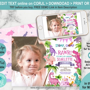 EDITABLE Girl Dinosaur Birthday Photo Invitation Template. Pink Three-Rex Cute Dino Invite. Any Age. Trex You Edit All Text w/ Corjl K017