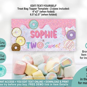 EDITABLE Donut Two Sweet 2nd Birthday Treat Bag Topper Template. Printable Pastel Pink Party Favor Label. Personalised Table Decoration 2039